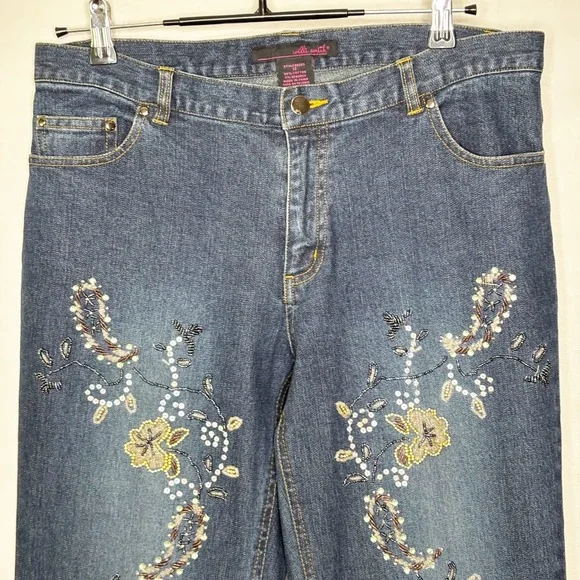 Willi‎ Smith Floral Embroidered Beaded Flare Jeans Size 12 Mid Rise Y2K Boho - Picture 3 of 10